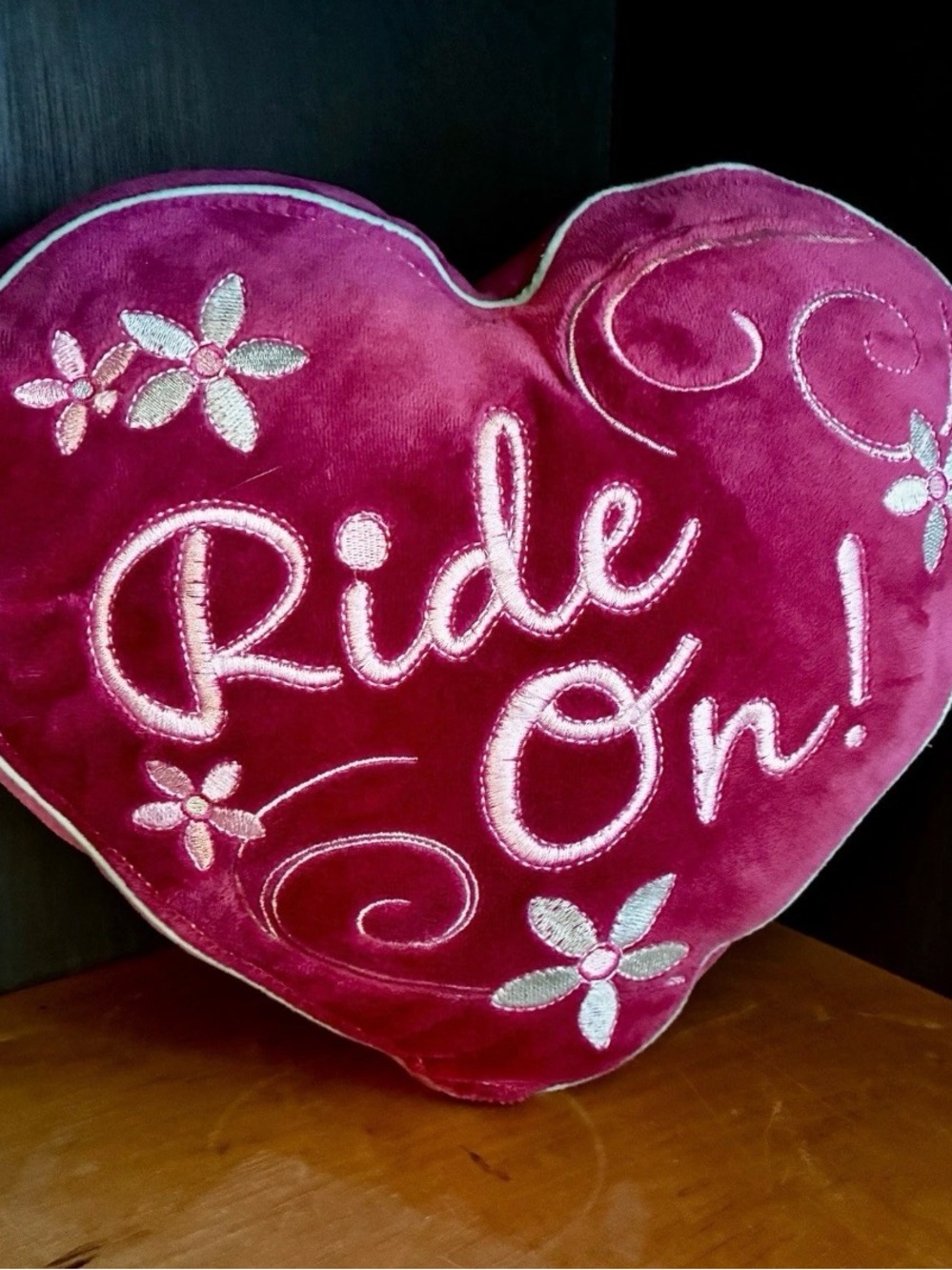Heart Shaped Throw Pillow - Magenta Pink "Ride On!" Embroidered Cowgirl Rodeo